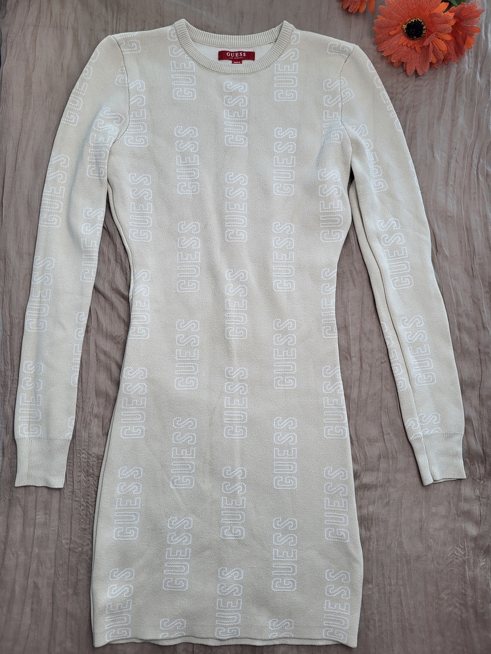 GUESS Cream Long-Sleeve Logo Bodycon Dress